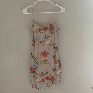 Pale Rose Mini Floral Dress w/ Spaghetti Strap Tank Tops, Ruffle Lining, Lined